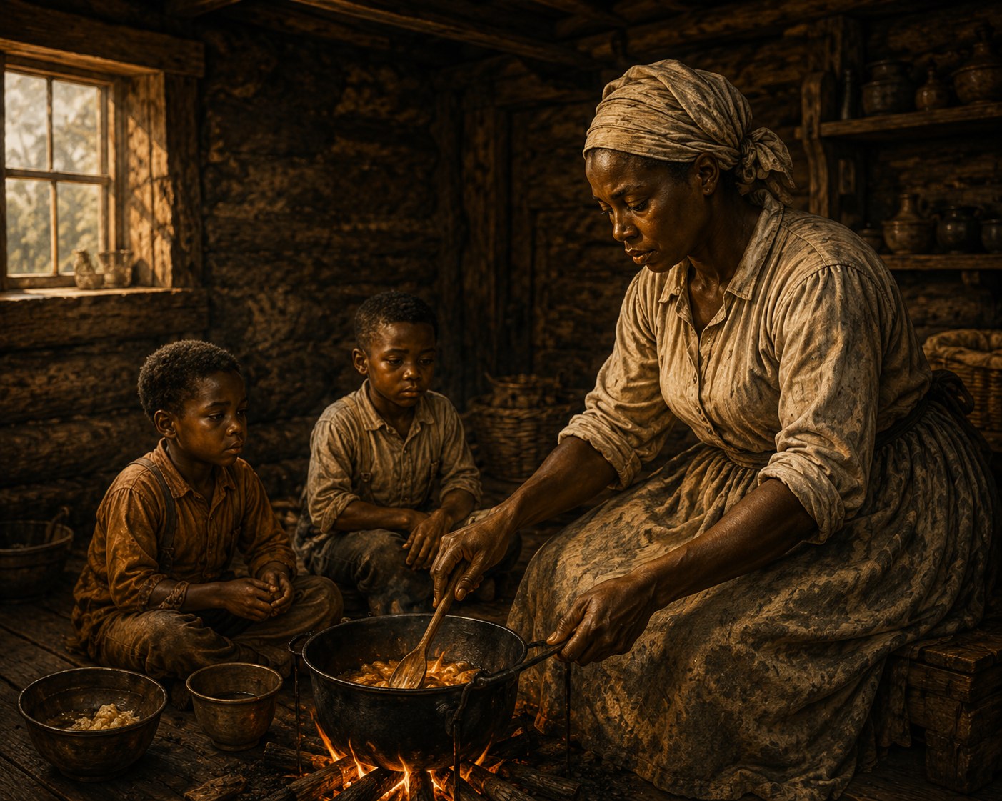 Woman cooking at the hearth of a log cabin with her children