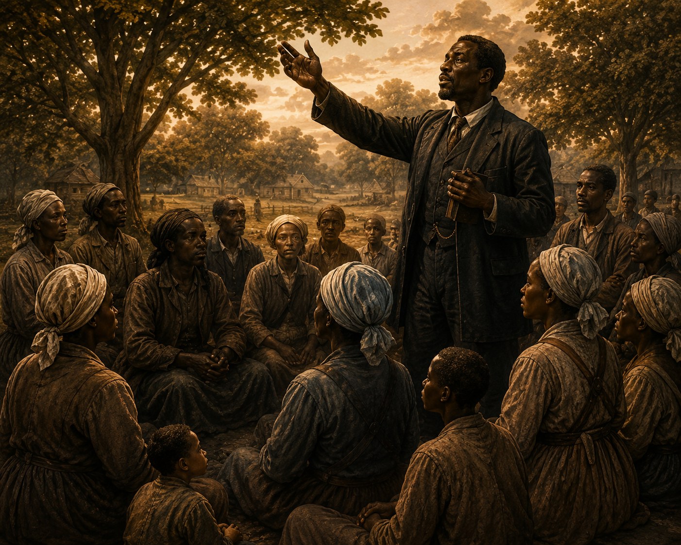 Speaker addressing a gathered community beneath the trees
