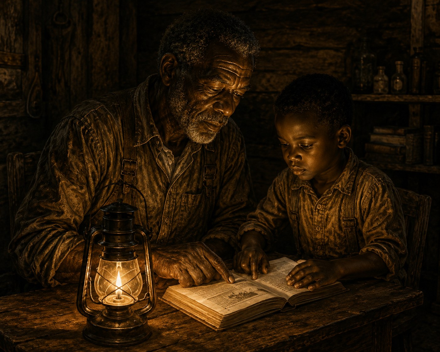 Elder reading by lantern light with a child