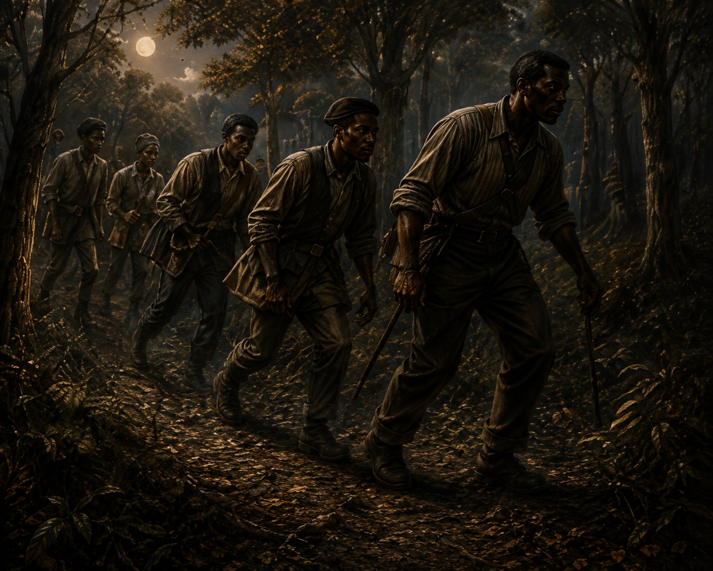 Freedom seekers moving through the woods at night