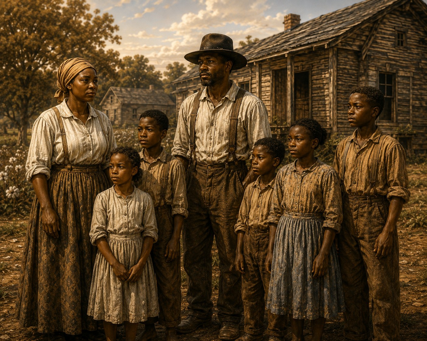 Family standing together before their cabin