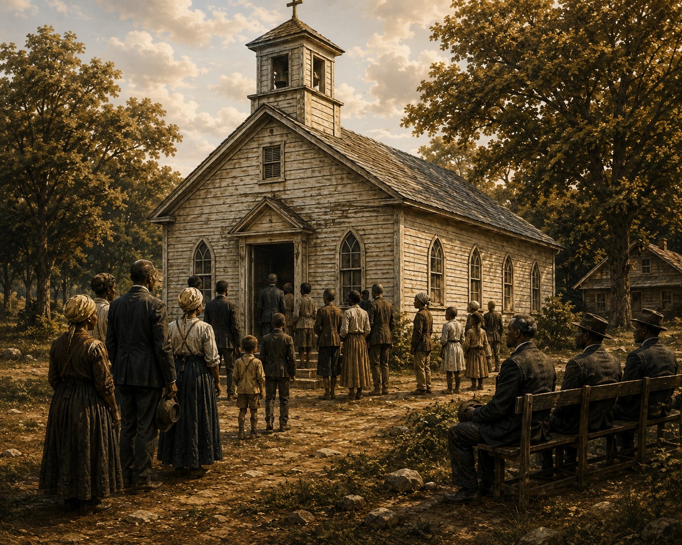 Congregation gathering outside a country church