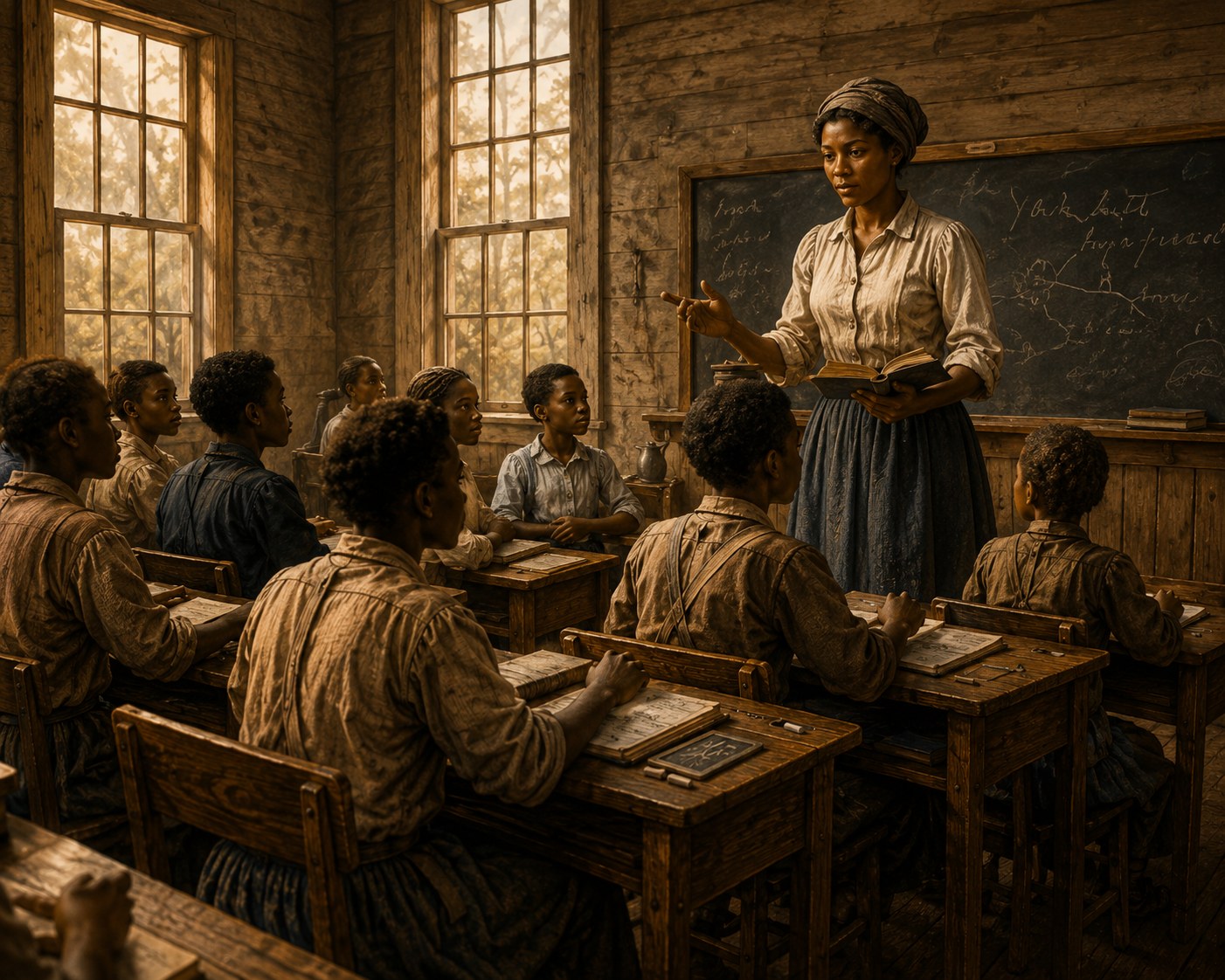 Teacher and students in a one-room schoolhouse