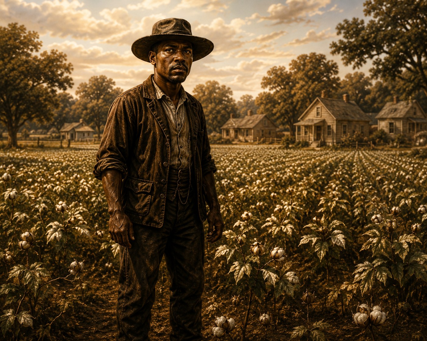 Farmer standing in his cotton field at dusk