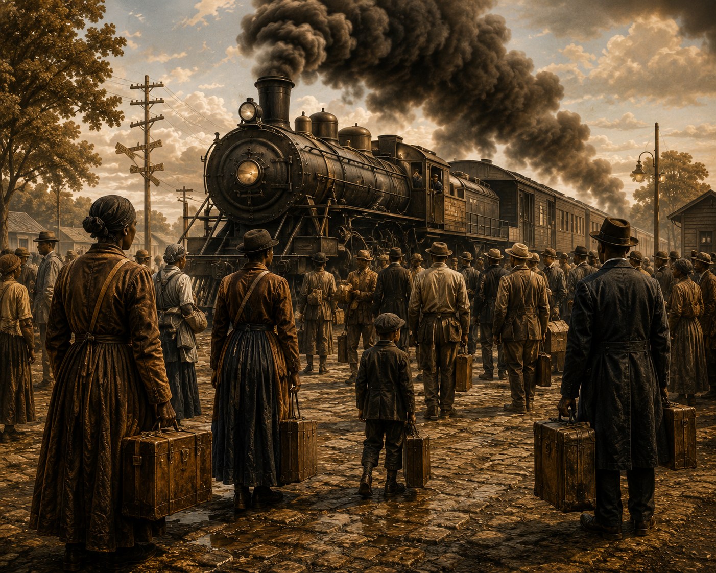 Families boarding a northbound train during the Great Migration