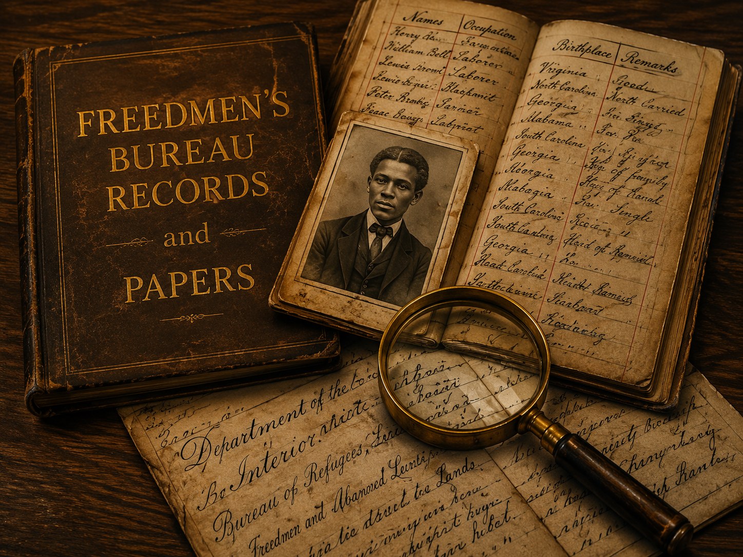 Freedmen's Bureau records with a photograph and magnifying glass