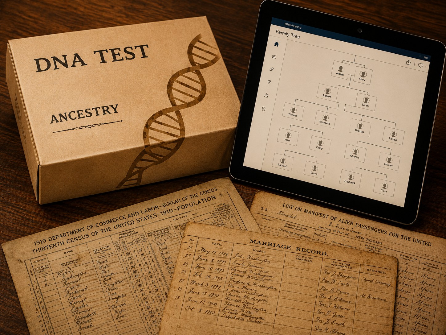 DNA test kit beside a family tree and historical records