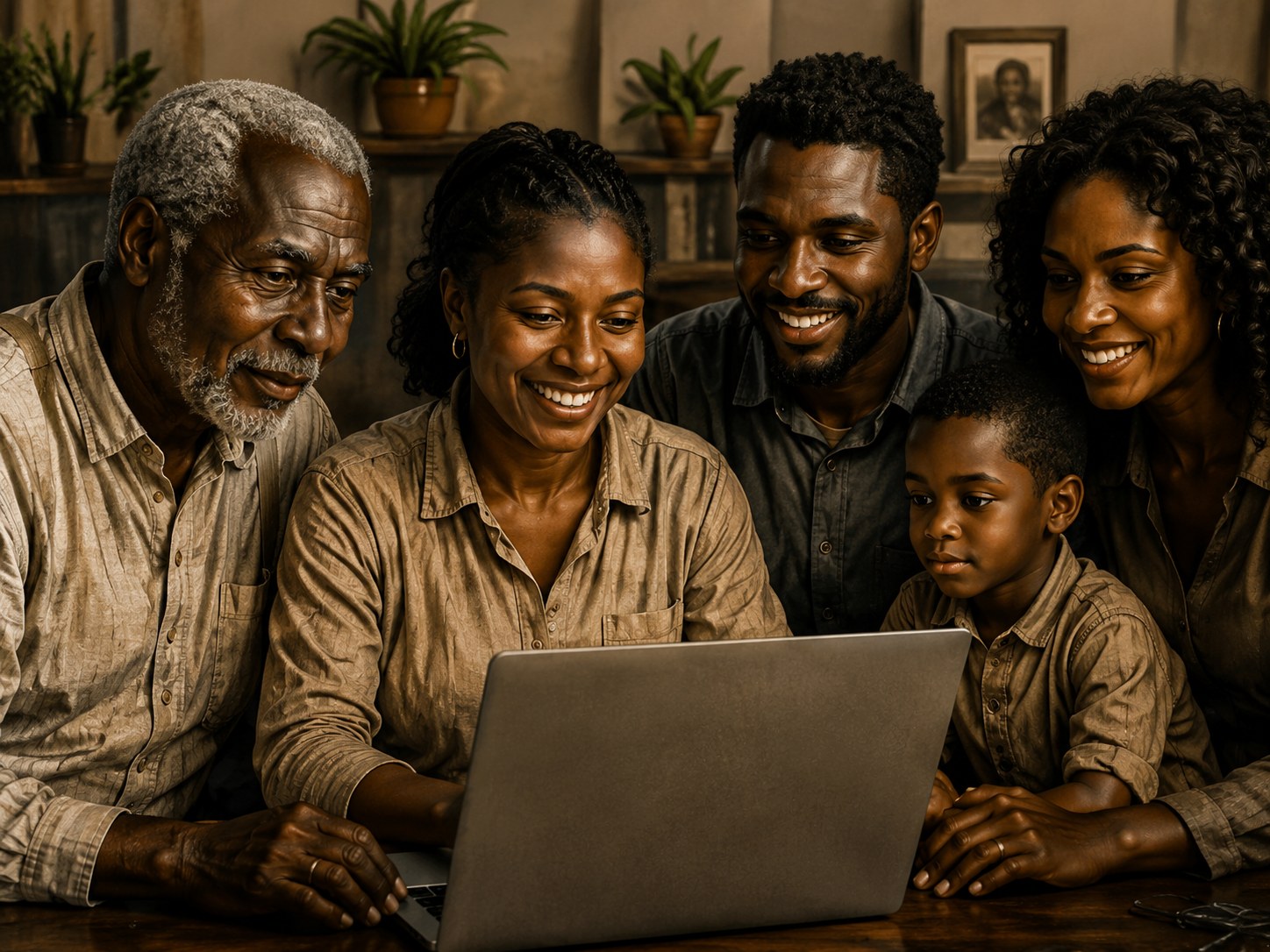 A family exploring their ancestry together at a laptop