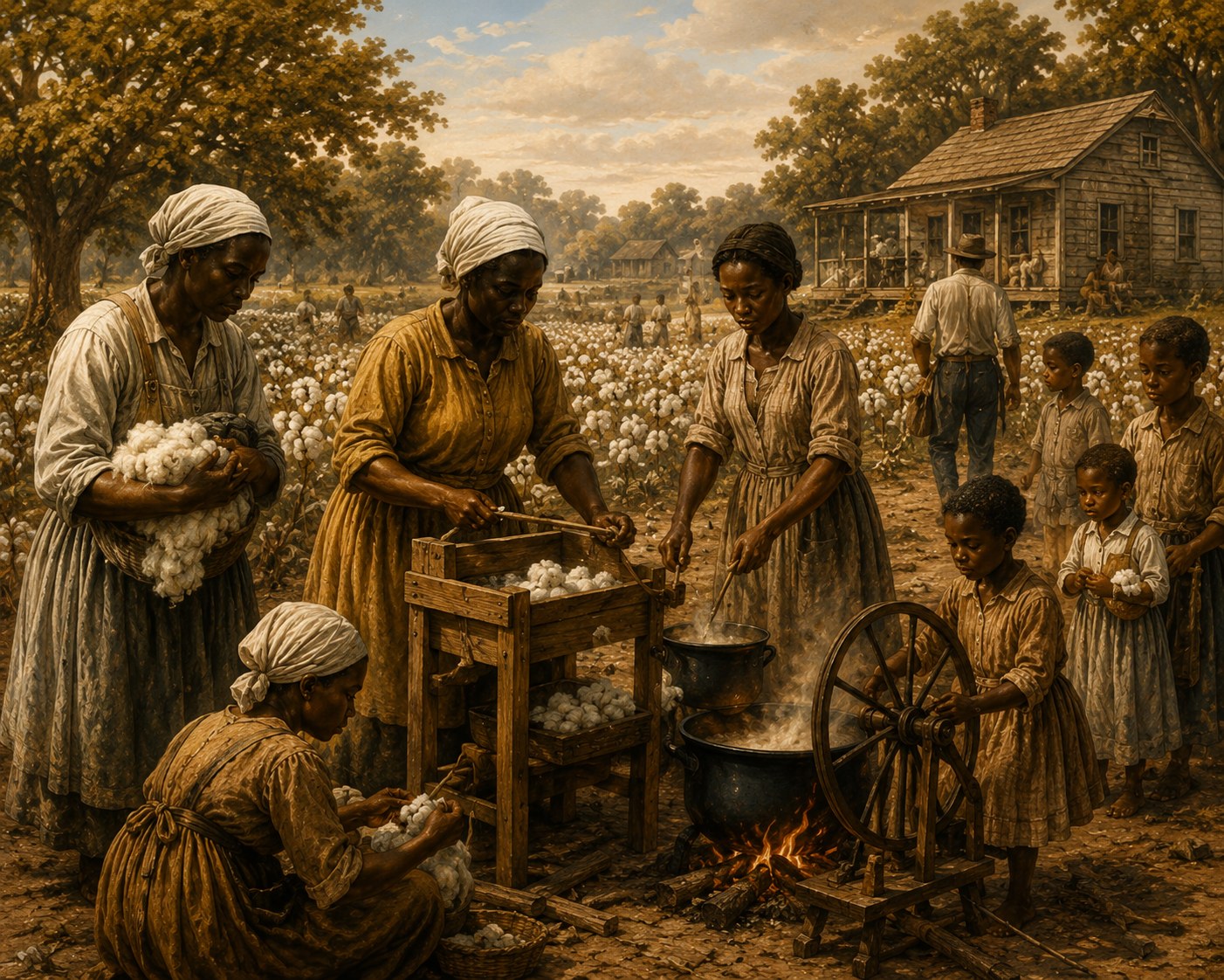 Women processing cotton in the farmyard