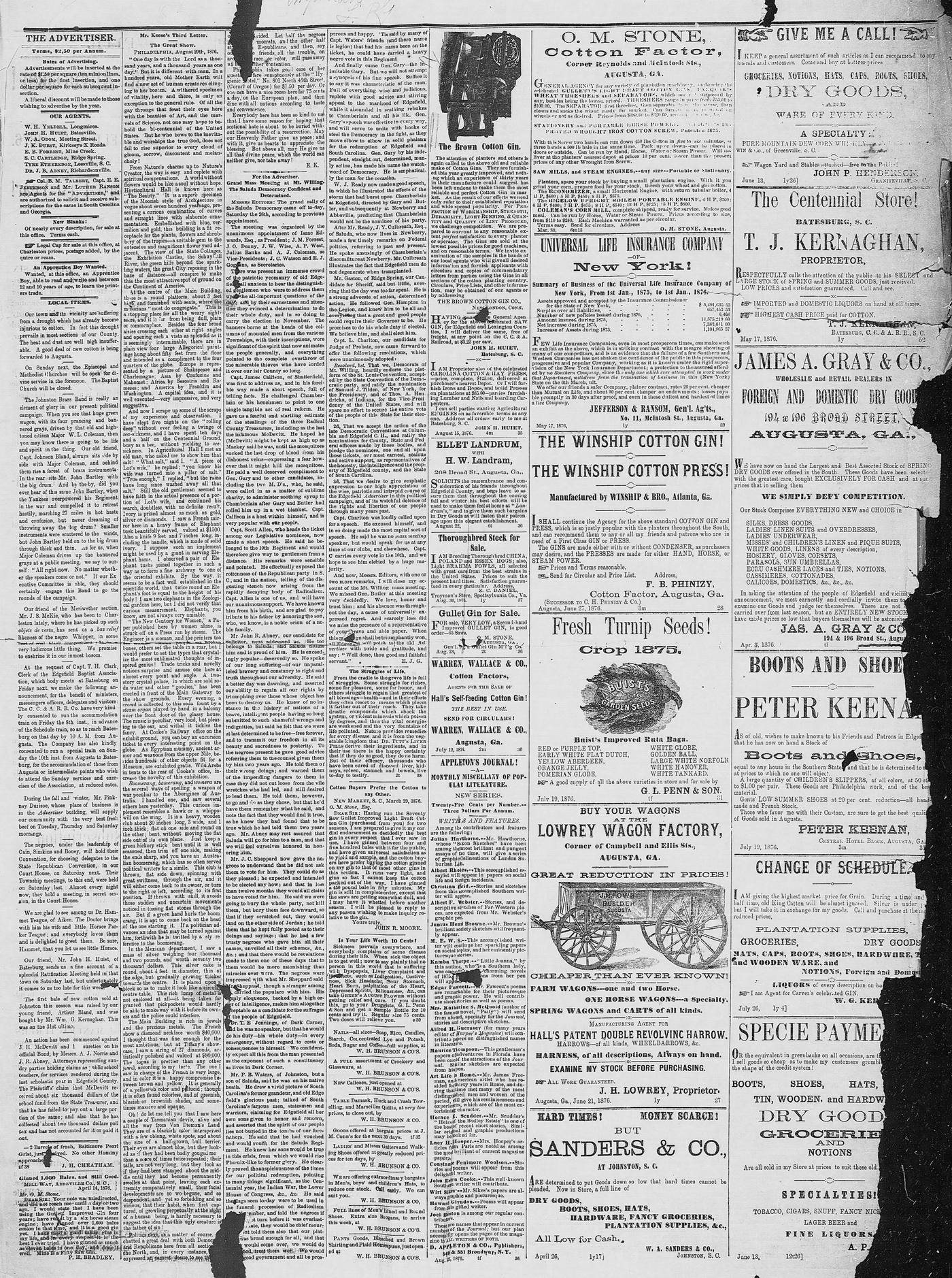 Edgefield Advertiser September 1876