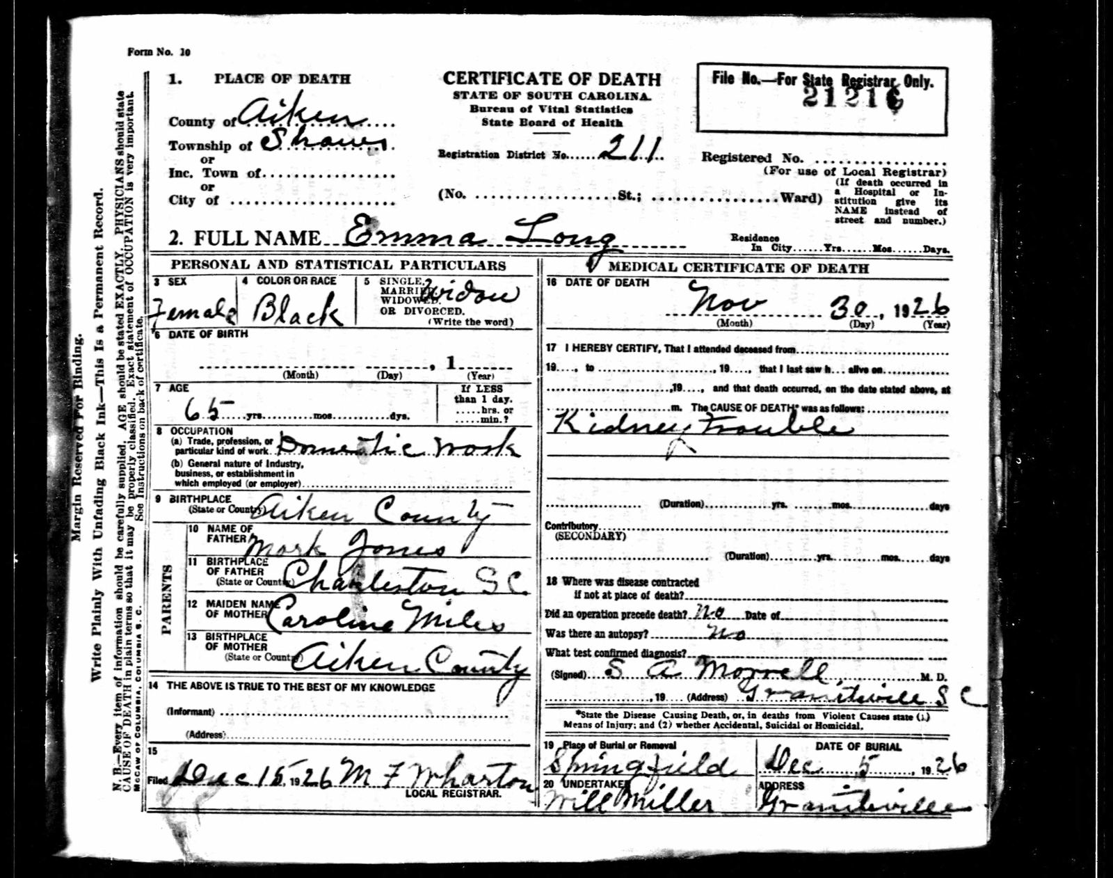 South Carolina death certificate of Emma Long, November 30, 1926