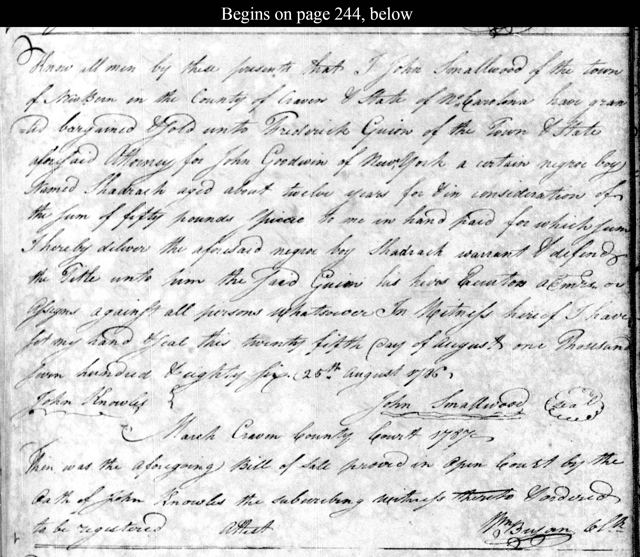 Bill of Sale for Shadrack, 1786