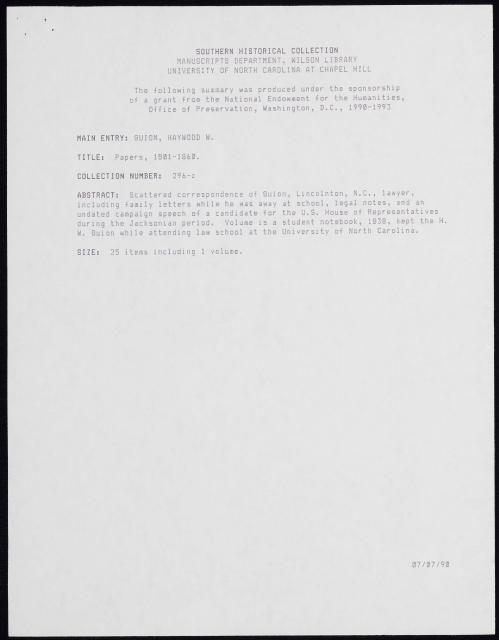 The Haywood W. Guion Papers (SHC 296-z) — Original Scans